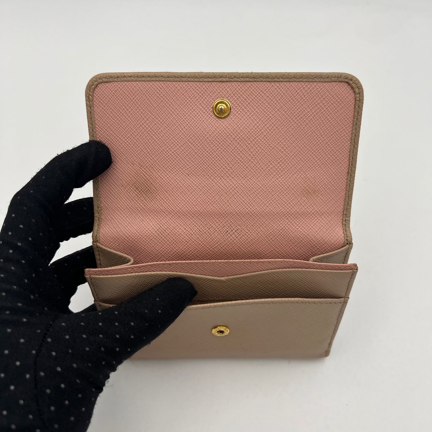 Prada Beige Saffiano Multicolor Interior French Compact Wallet