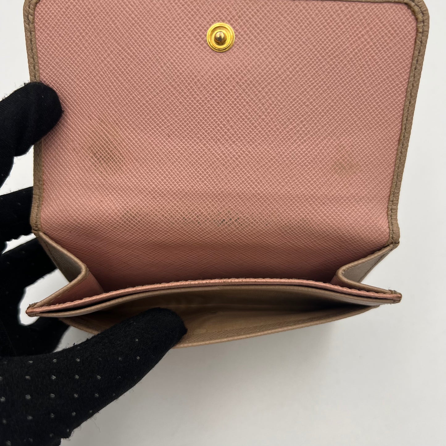 Prada Beige Saffiano Multicolor Interior French Compact Wallet