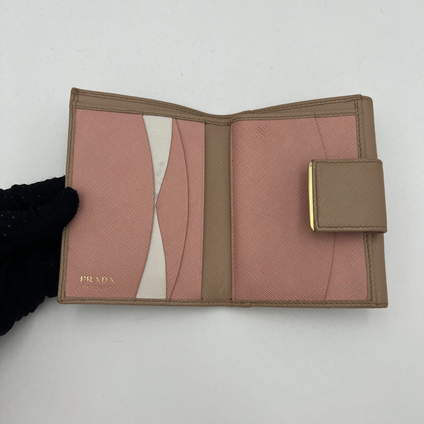 Prada Beige Saffiano Multicolor Interior French Compact Wallet