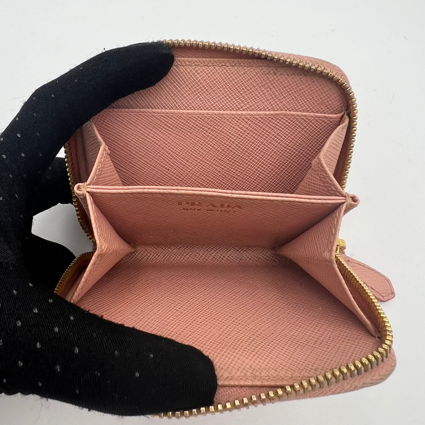 Prada Light Pink Saffiano Zippy Card Wallet GHW