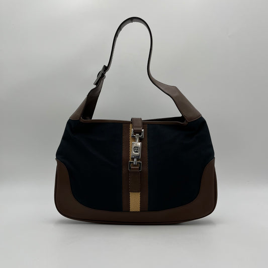 Gucci Dark Blue Canvas Brown Leather Sherryline Jackie O Hobo Bag