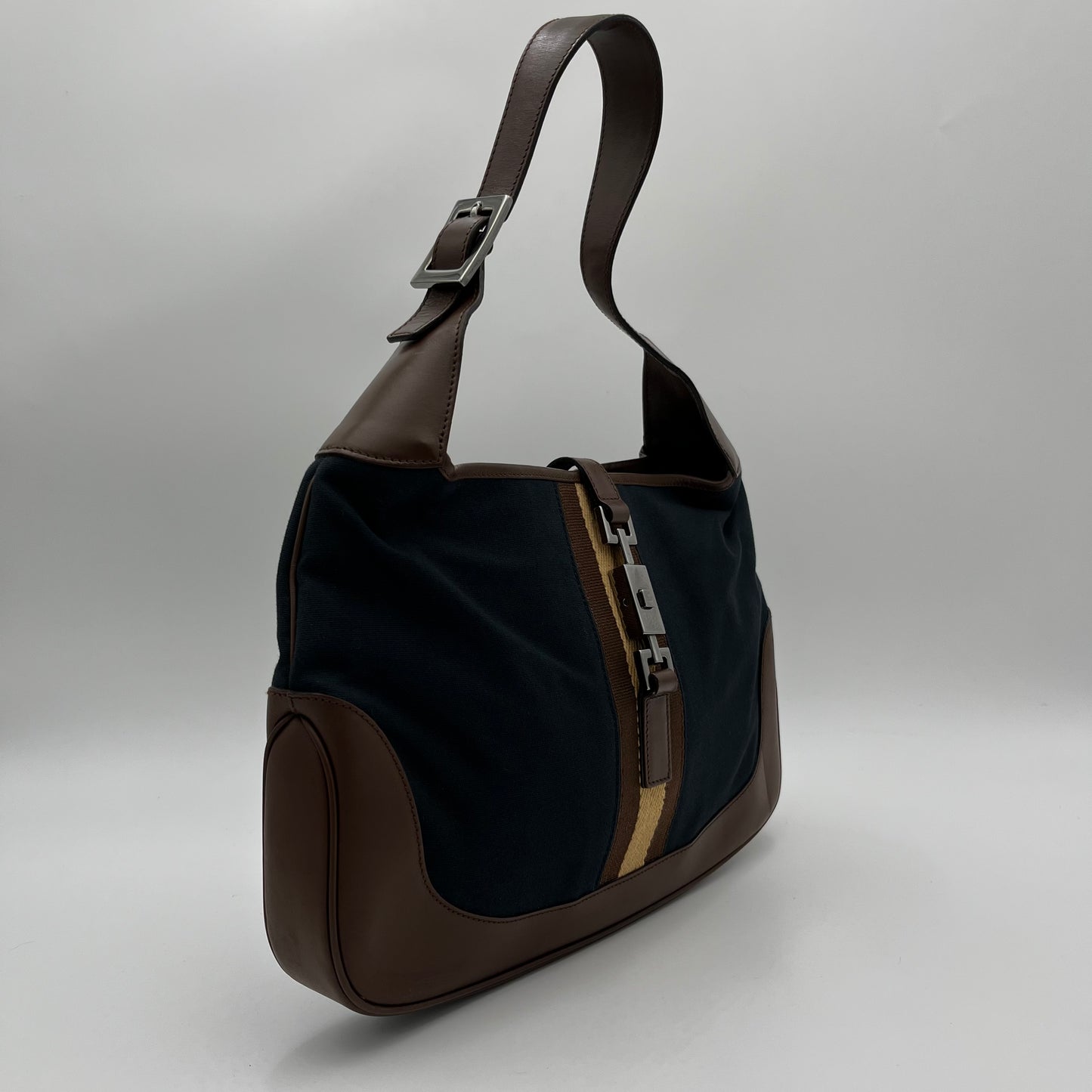 Gucci Dark Blue Canvas Brown Leather Sherryline Jackie O Hobo Bag