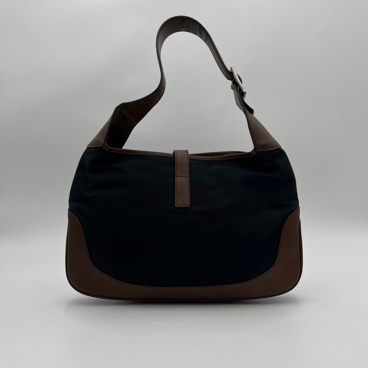 Gucci Dark Blue Canvas Brown Leather Sherryline Jackie O Hobo Bag