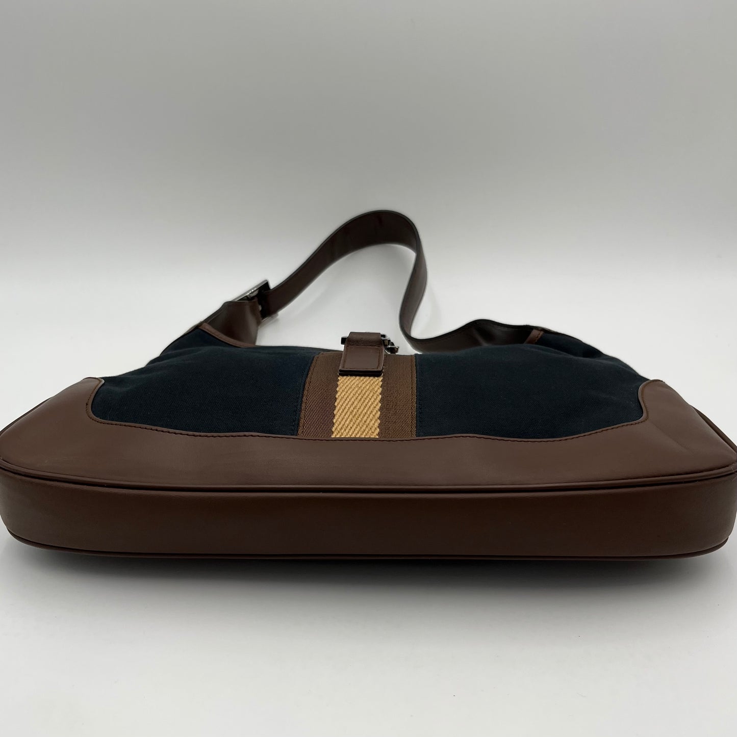 Gucci Dark Blue Canvas Brown Leather Sherryline Jackie O Hobo Bag