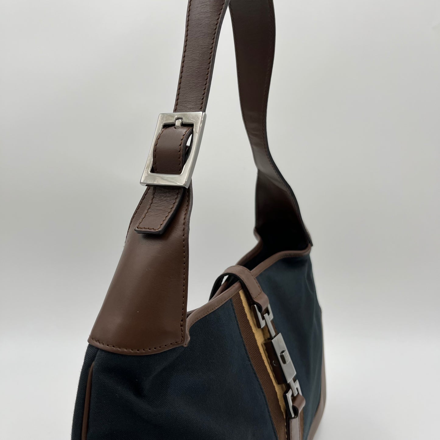 Gucci Dark Blue Canvas Brown Leather Sherryline Jackie O Hobo Bag
