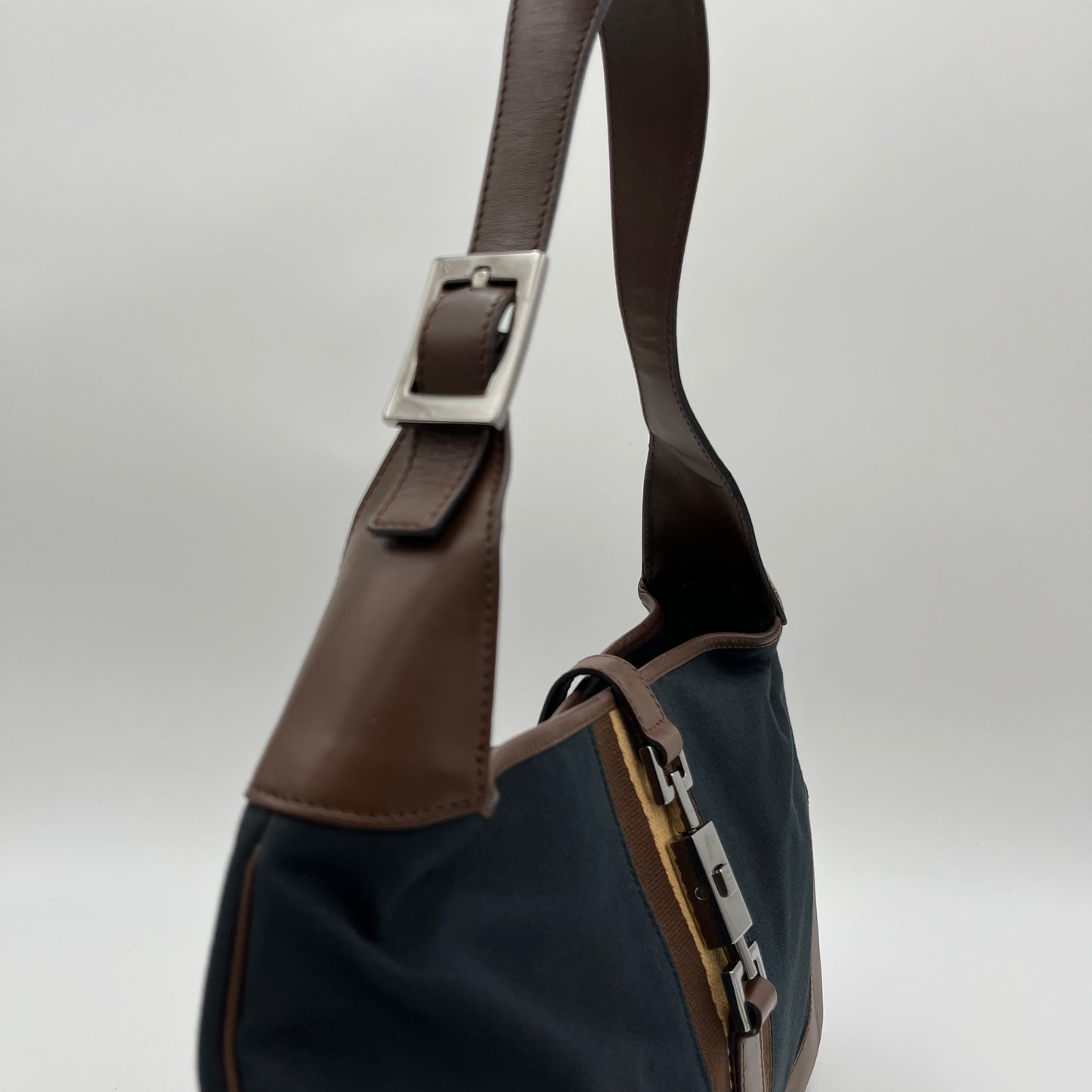 Gucci Dark Blue Canvas Brown Leather Sherryline Jackie O Hobo Bag