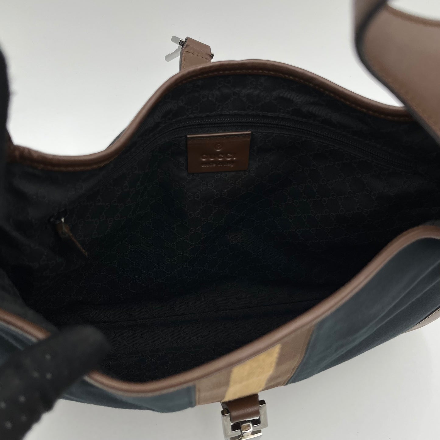 Gucci Dark Blue Canvas Brown Leather Sherryline Jackie O Hobo Bag