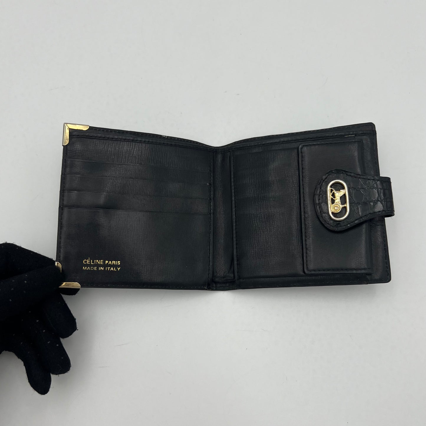 Celine Paris Black Croc Embossed Horse Carriage Slim Bifold Wallet