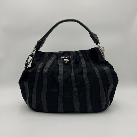 Prada Black Tessuto and Nappa Stripes Large Hobo Bag