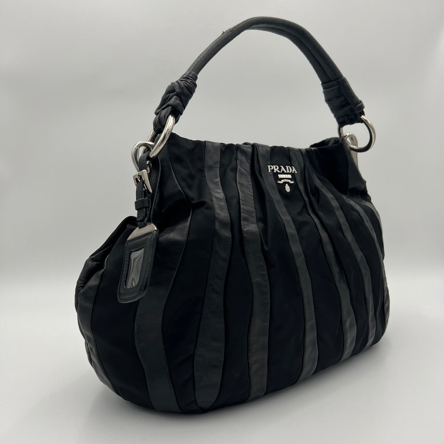 Prada Black Tessuto and Nappa Stripes Large Hobo Bag