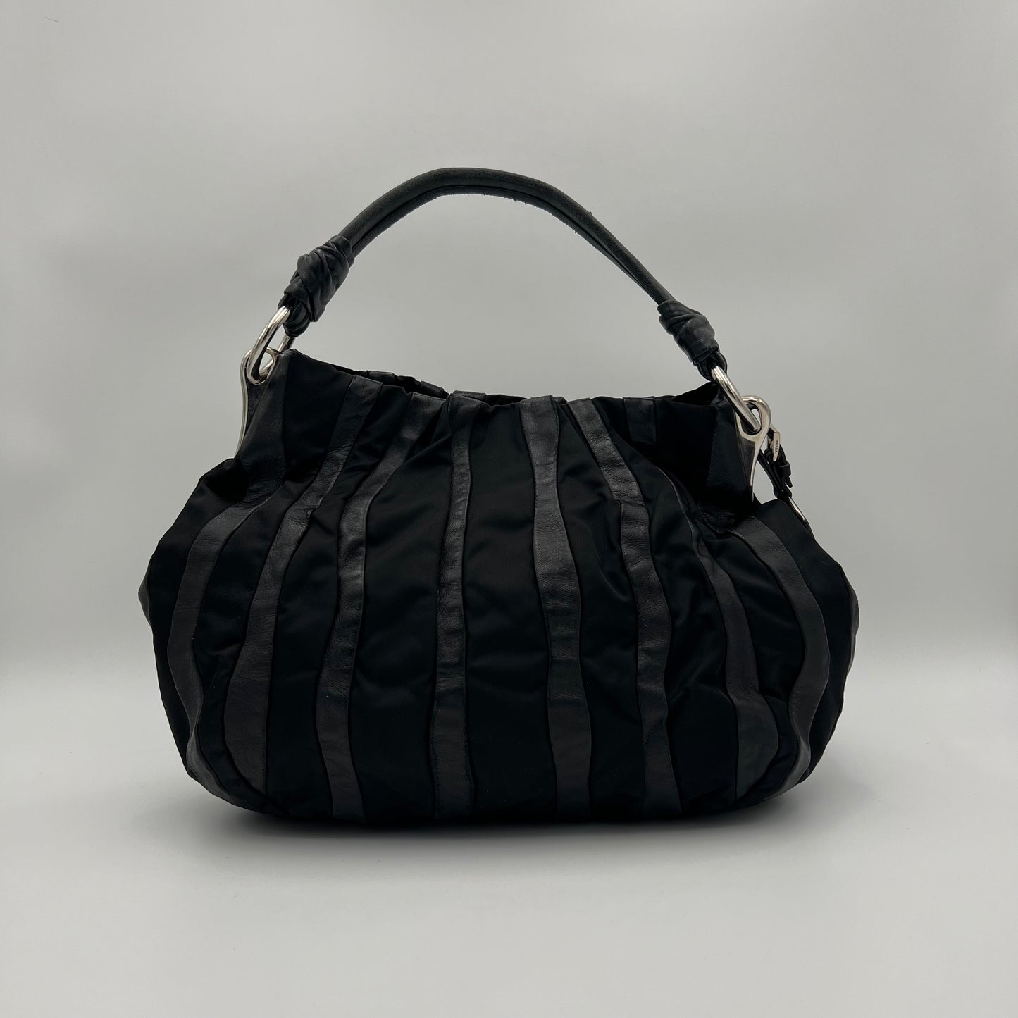 Prada Black Tessuto and Nappa Stripes Large Hobo Bag