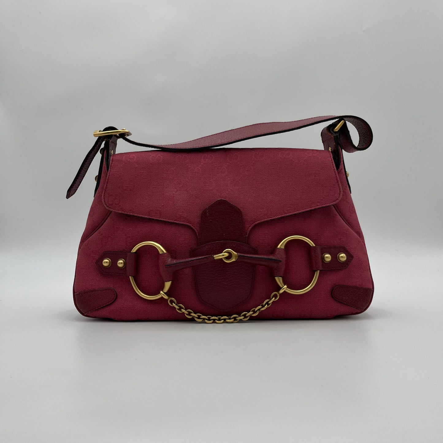 Gucci Pink GG Canvas and Leather Horsebit Shoulder Bag