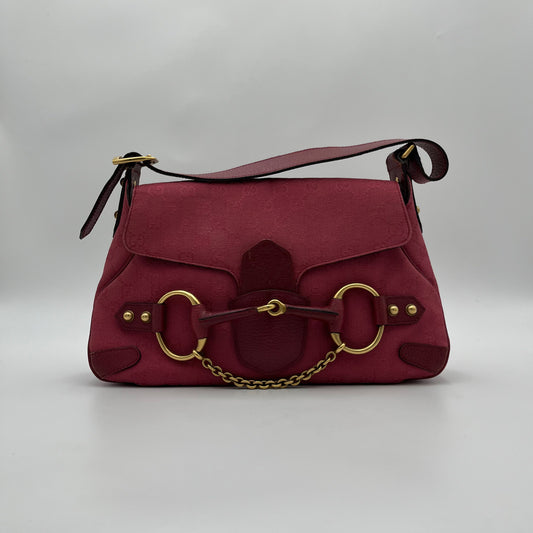 Gucci Pink GG Canvas and Leather Horsebit Shoulder Bag
