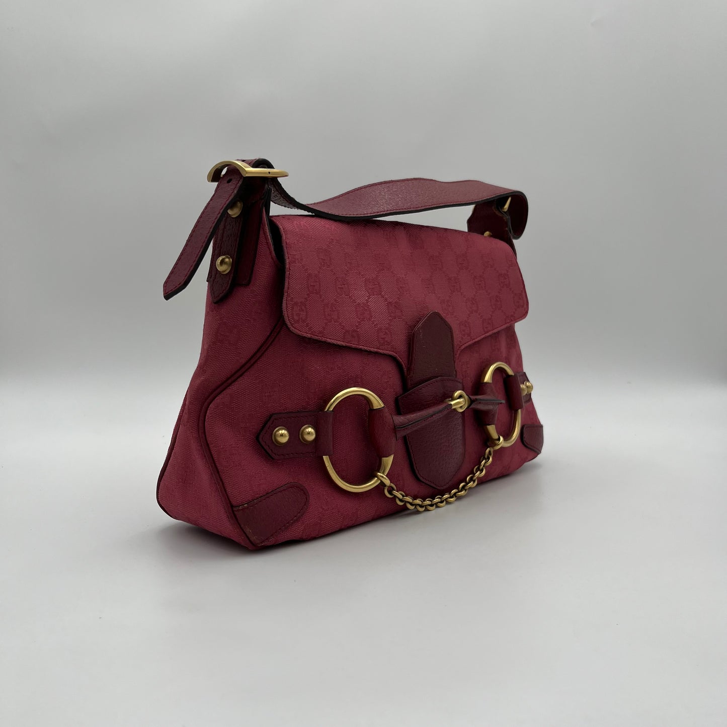 Gucci Pink GG Canvas and Leather Horsebit Shoulder Bag