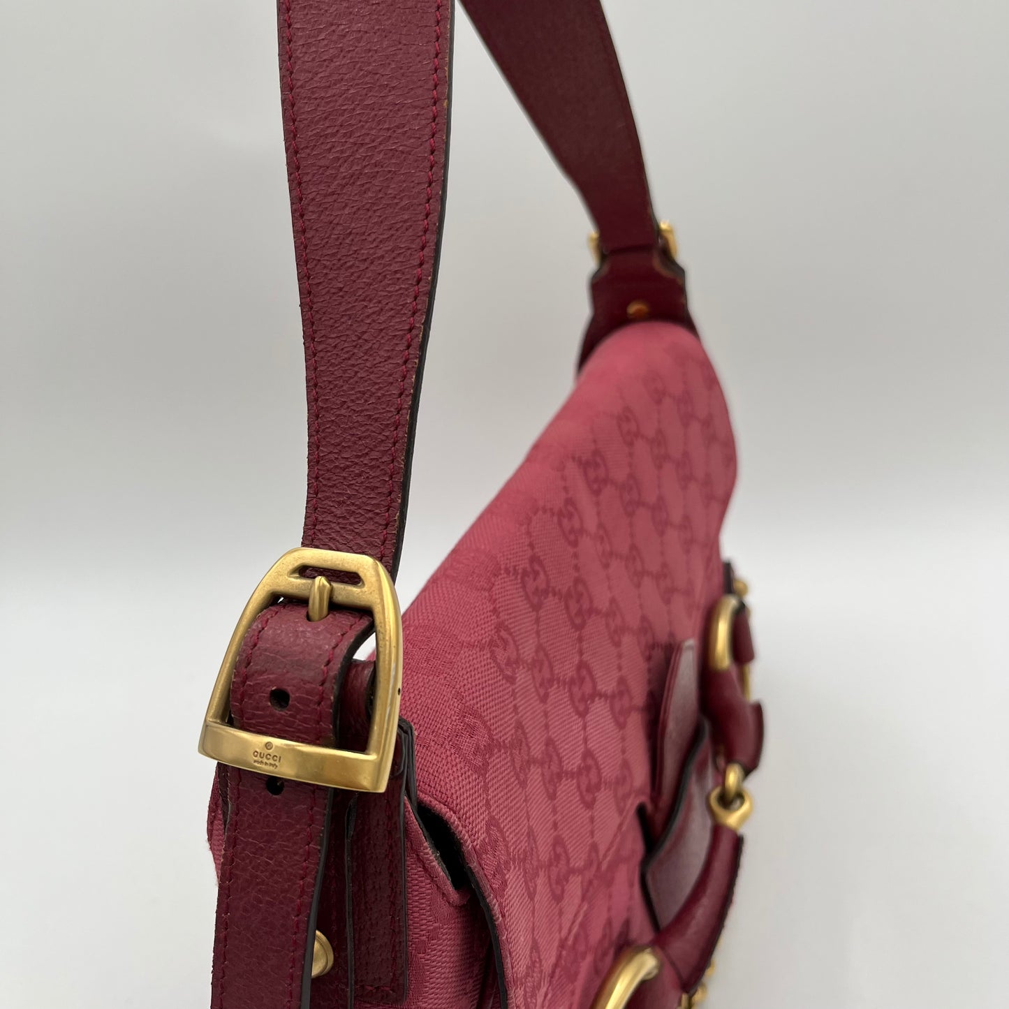 Gucci Pink GG Canvas and Leather Horsebit Shoulder Bag