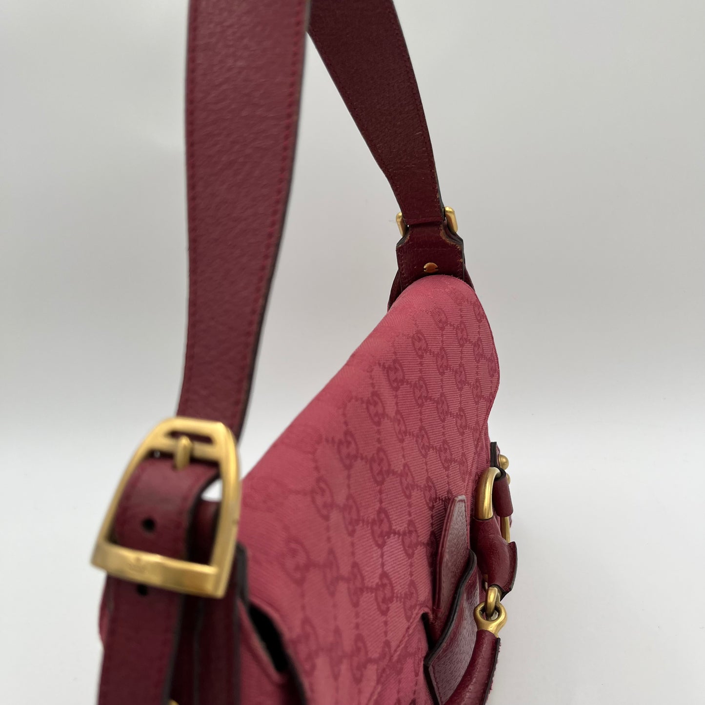 Gucci Pink GG Canvas and Leather Horsebit Shoulder Bag