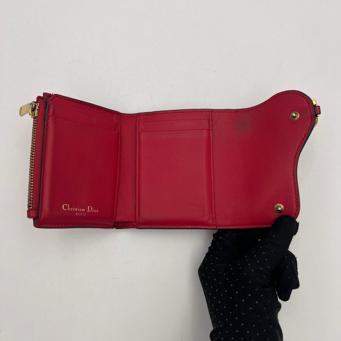 Christian Dior Red Leather Saddle Lotus Short Wallet GHW