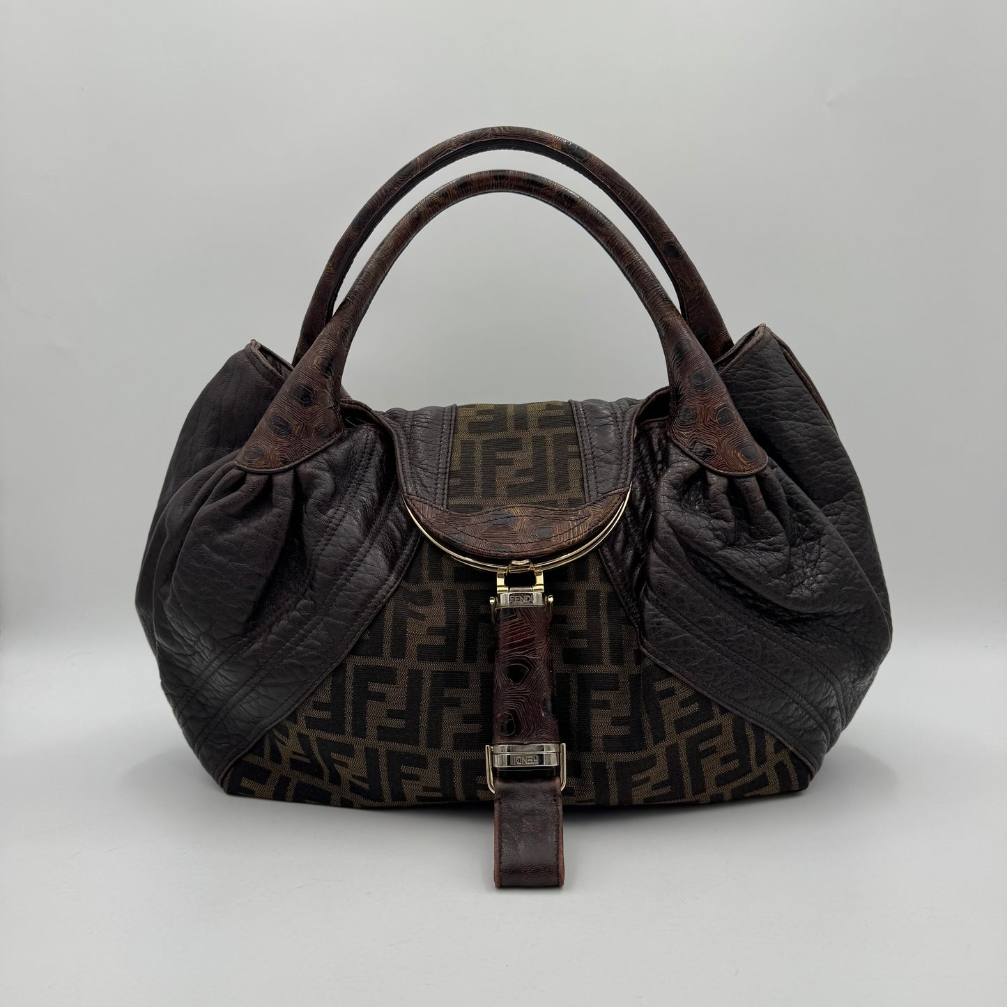 Fendi Tobacco Zucca and Textured Leather Spy Bag