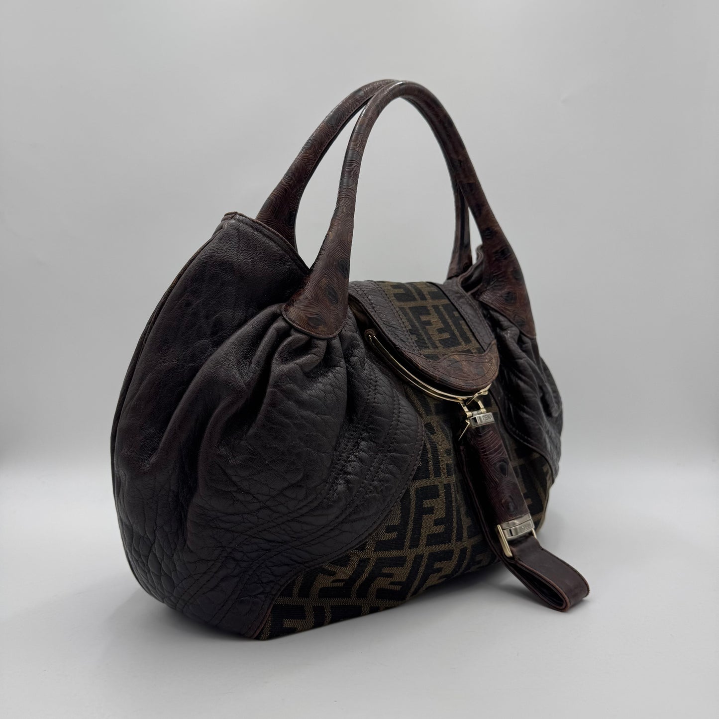 Fendi Tobacco Zucca and Textured Leather Spy Bag