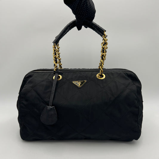 Prada Black Quilted Nylon Large Chain Bauletto Bag