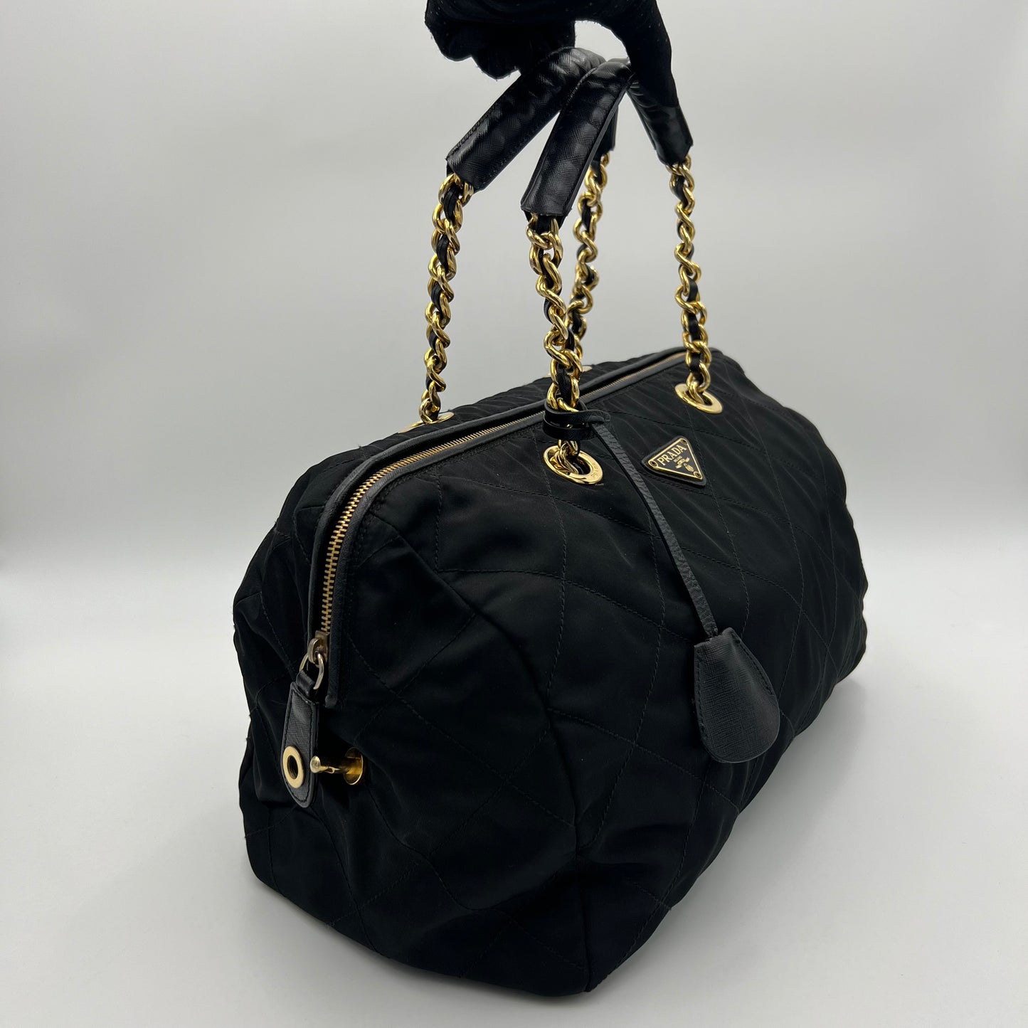 Prada Black Quilted Nylon Large Chain Bauletto Bag