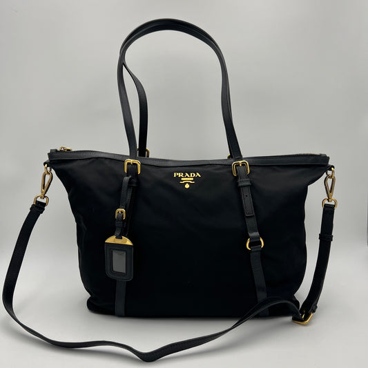 Prada Black Tessuto and Leather Large Zip Tote with Long Strap