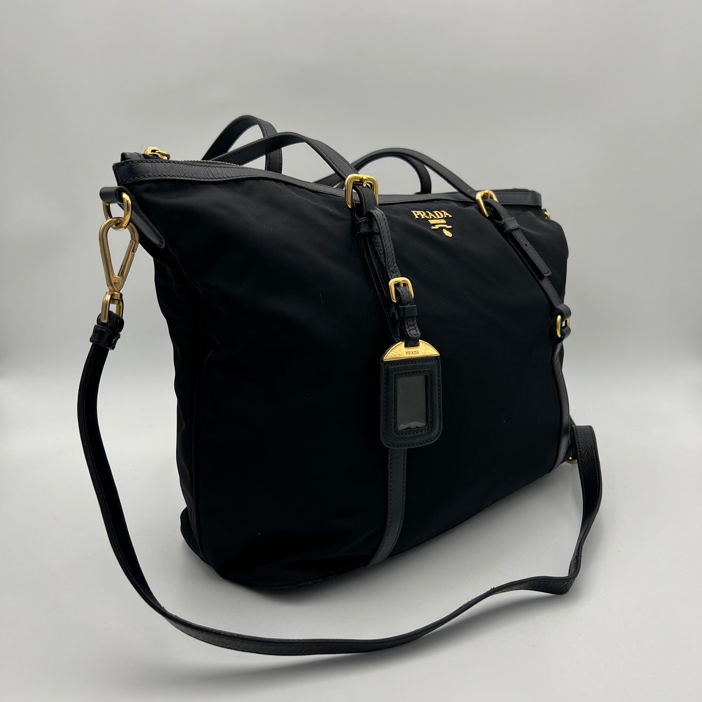 Prada Black Tessuto and Leather Large Zip Tote with Long Strap
