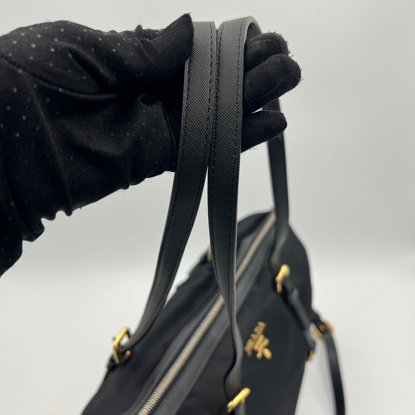 Prada Black Tessuto and Leather Large Zip Tote with Long Strap