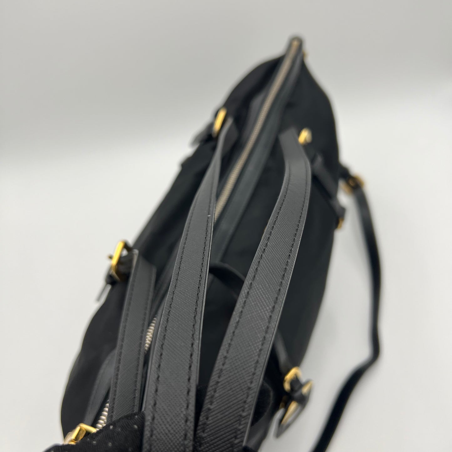 Prada Black Tessuto and Leather Large Zip Tote with Long Strap
