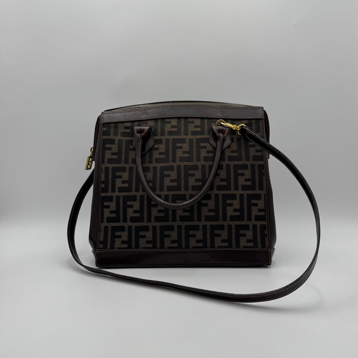 Fendi Tobacco Zucca Zip Handbag with Long Strap