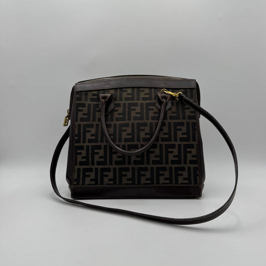 Fendi Tobacco Zucca Zip Handbag with Long Strap