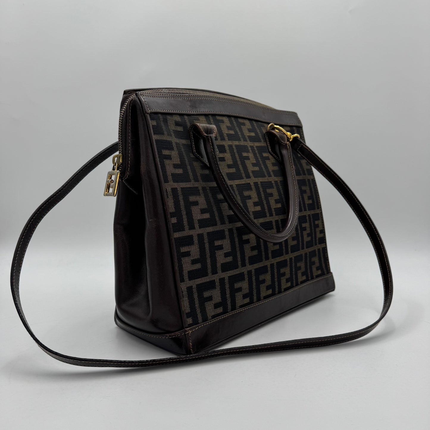 Fendi Tobacco Zucca Zip Handbag with Long Strap