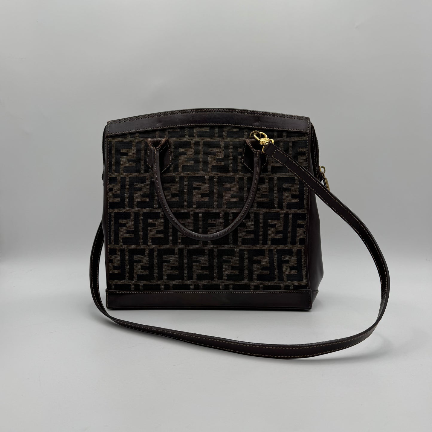 Fendi Tobacco Zucca Zip Handbag with Long Strap