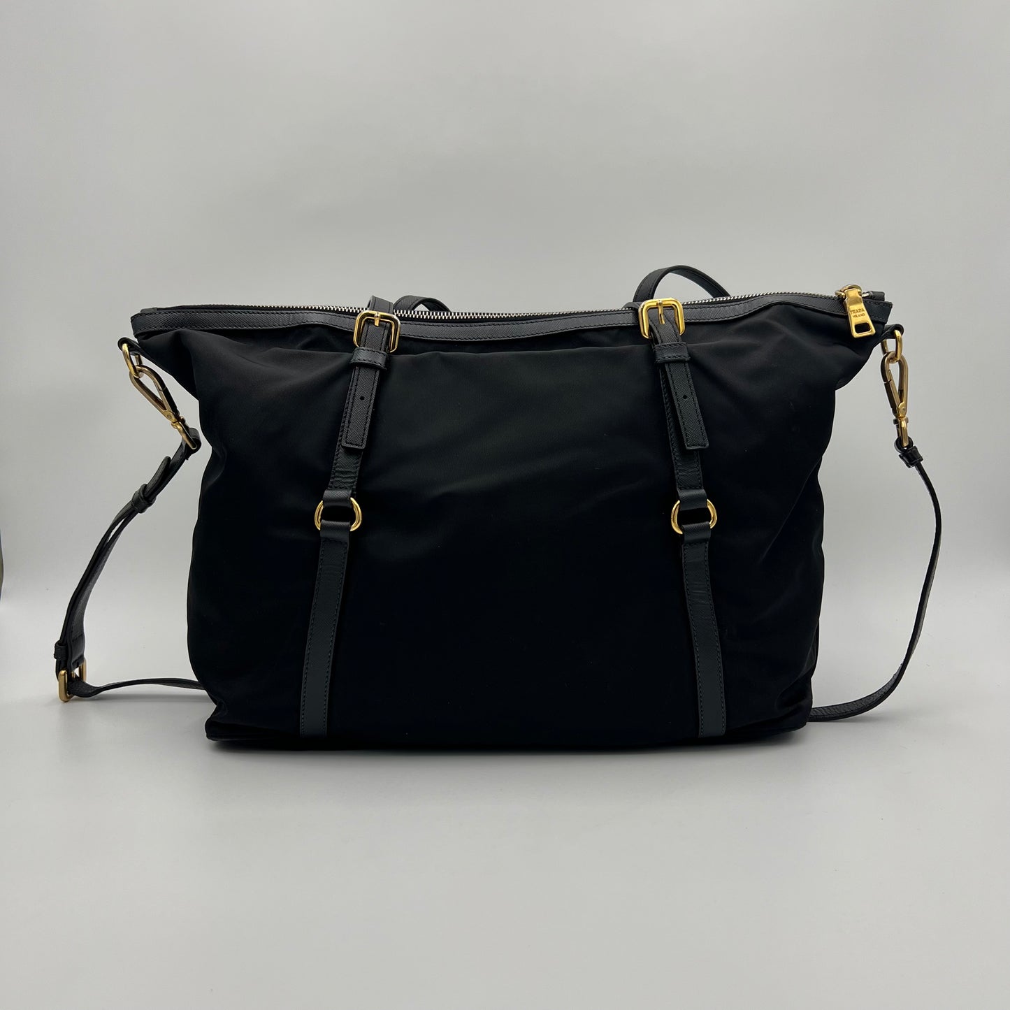 Prada Black Tessuto and Leather Large Zip Tote with Long Strap