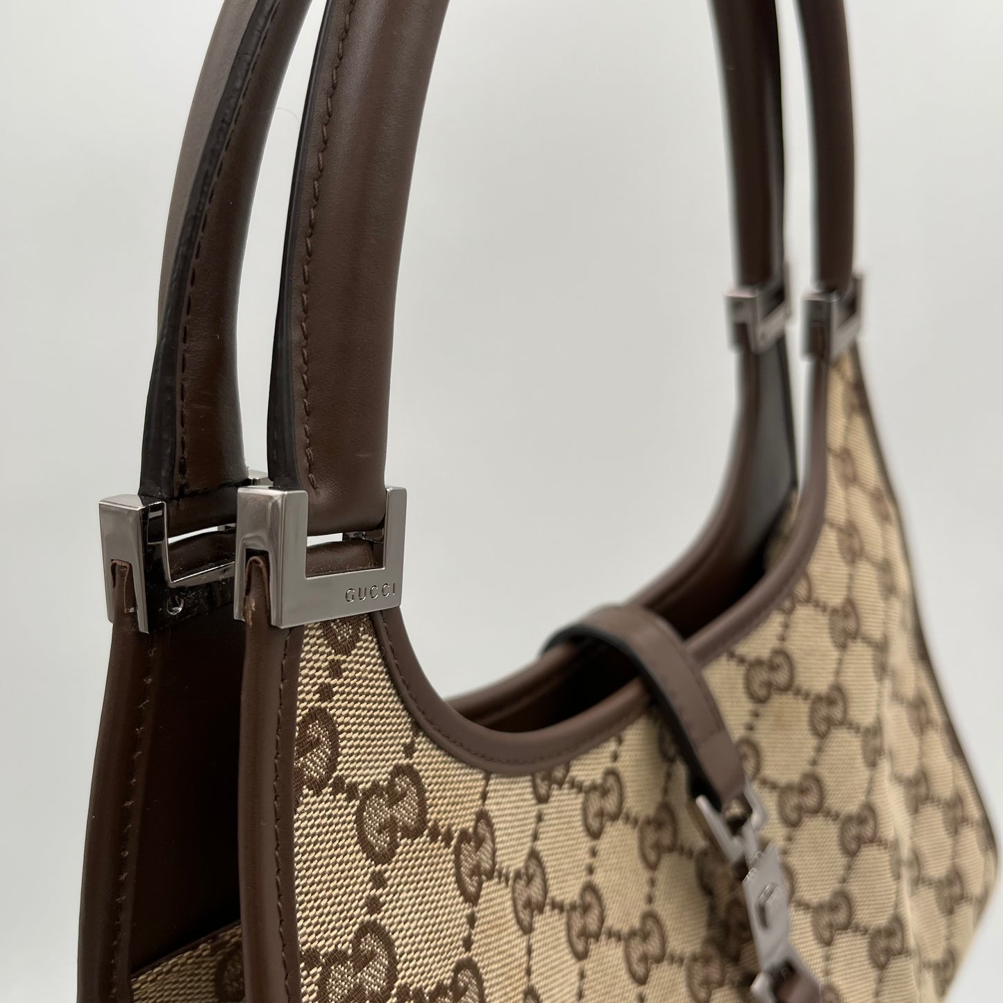 Gucci Brown Monogram Canvas Brown Leather Bardot Jackie