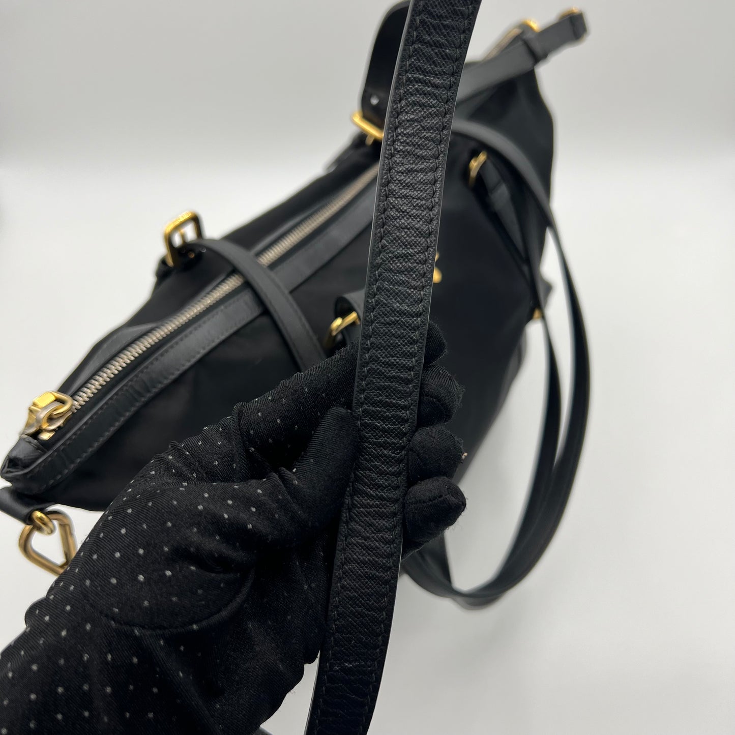 Prada Black Tessuto and Leather Large Zip Tote with Long Strap