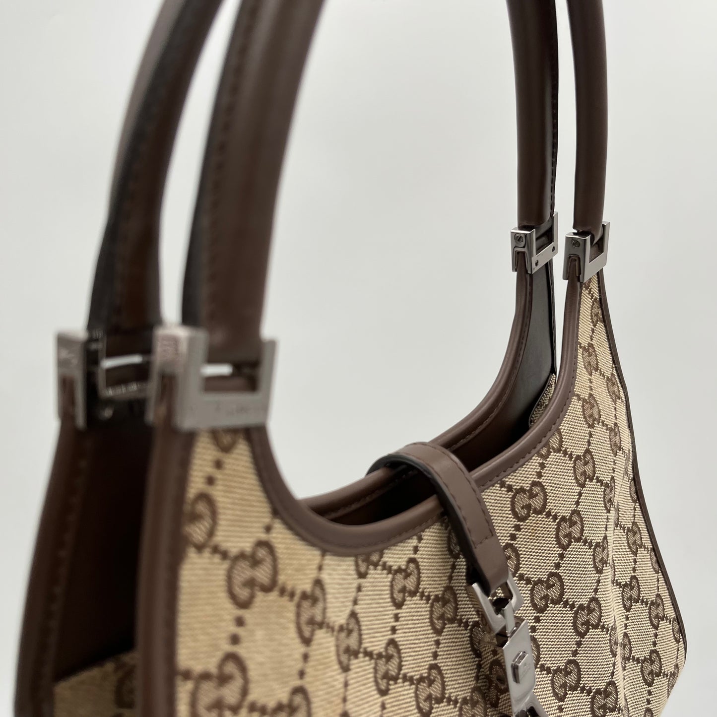 Gucci Brown Monogram Canvas Brown Leather Bardot Jackie