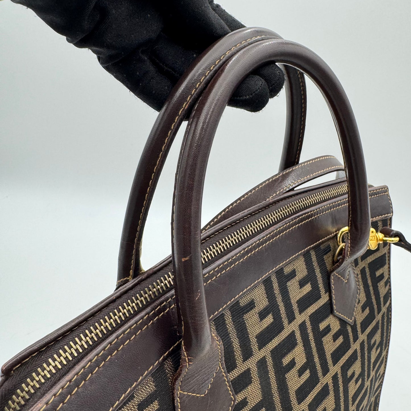 Fendi Tobacco Zucca Zip Handbag with Long Strap