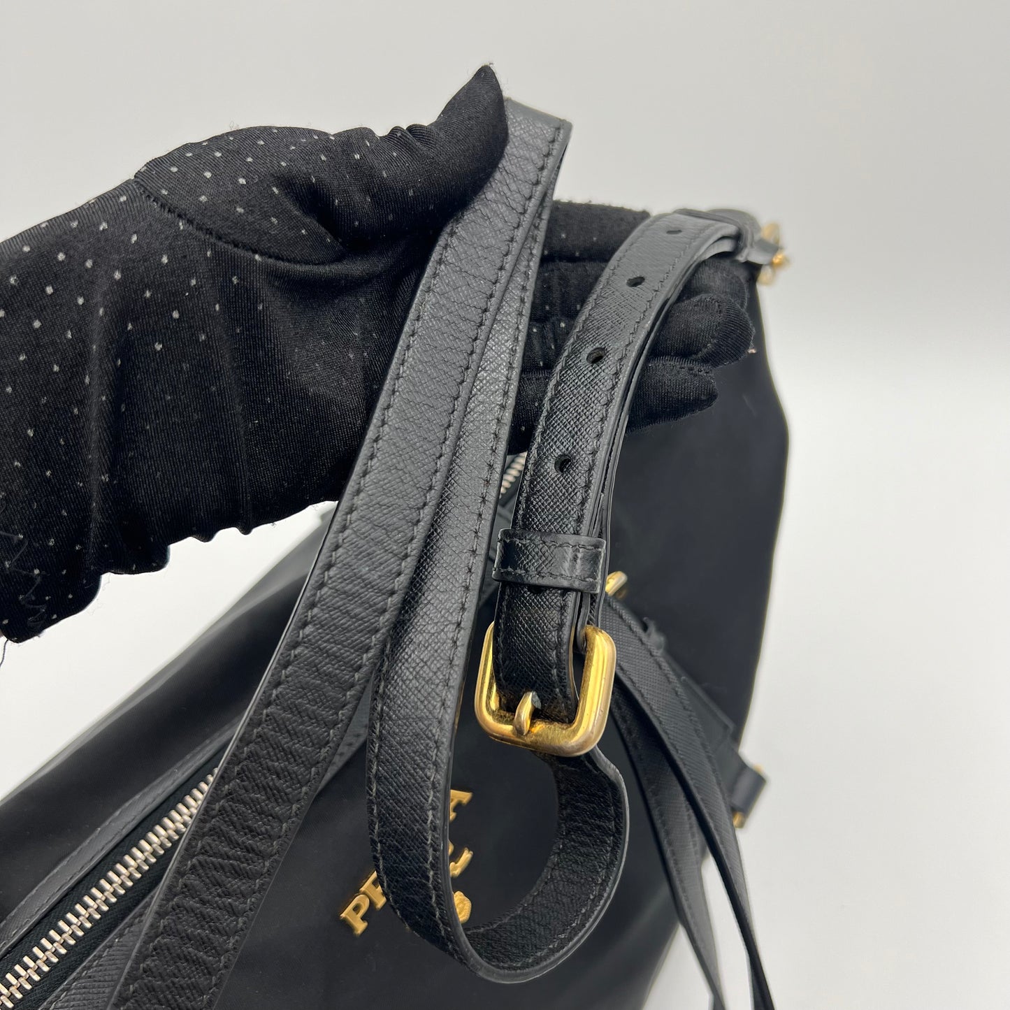 Prada Black Tessuto and Leather Large Zip Tote with Long Strap
