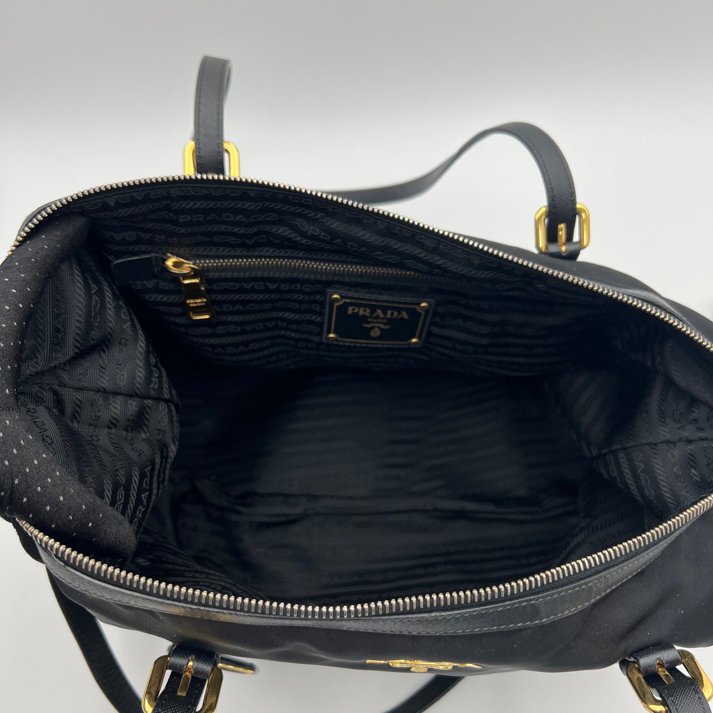 Prada Black Tessuto and Leather Large Zip Tote with Long Strap