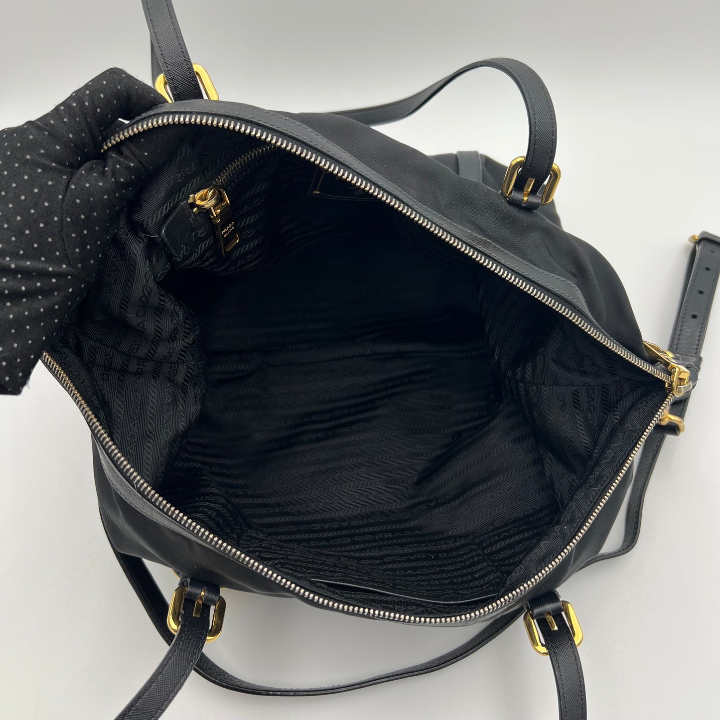 Prada Black Tessuto and Leather Large Zip Tote with Long Strap