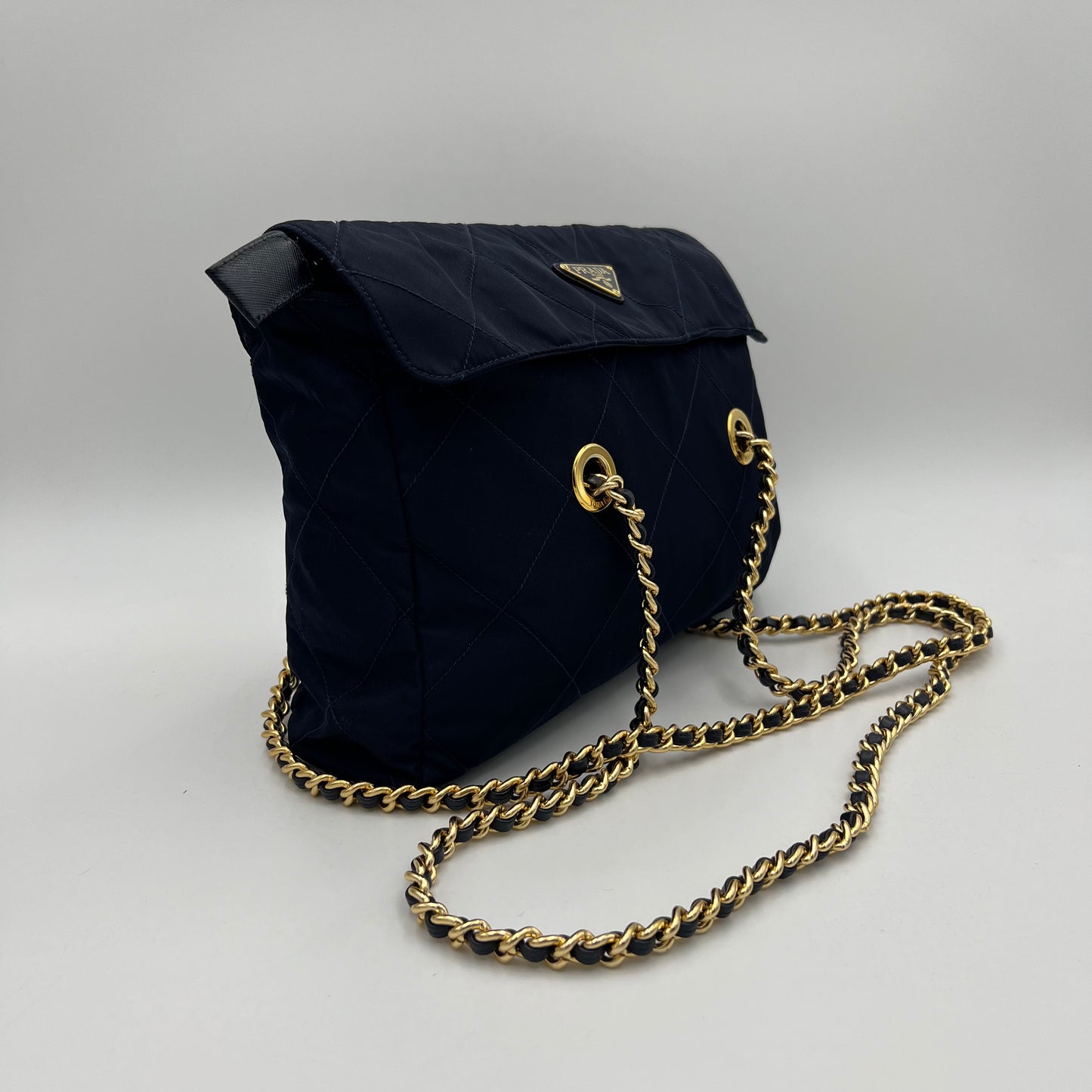 Prada Dark Blue Nylon Gold Handle Mini Handbag