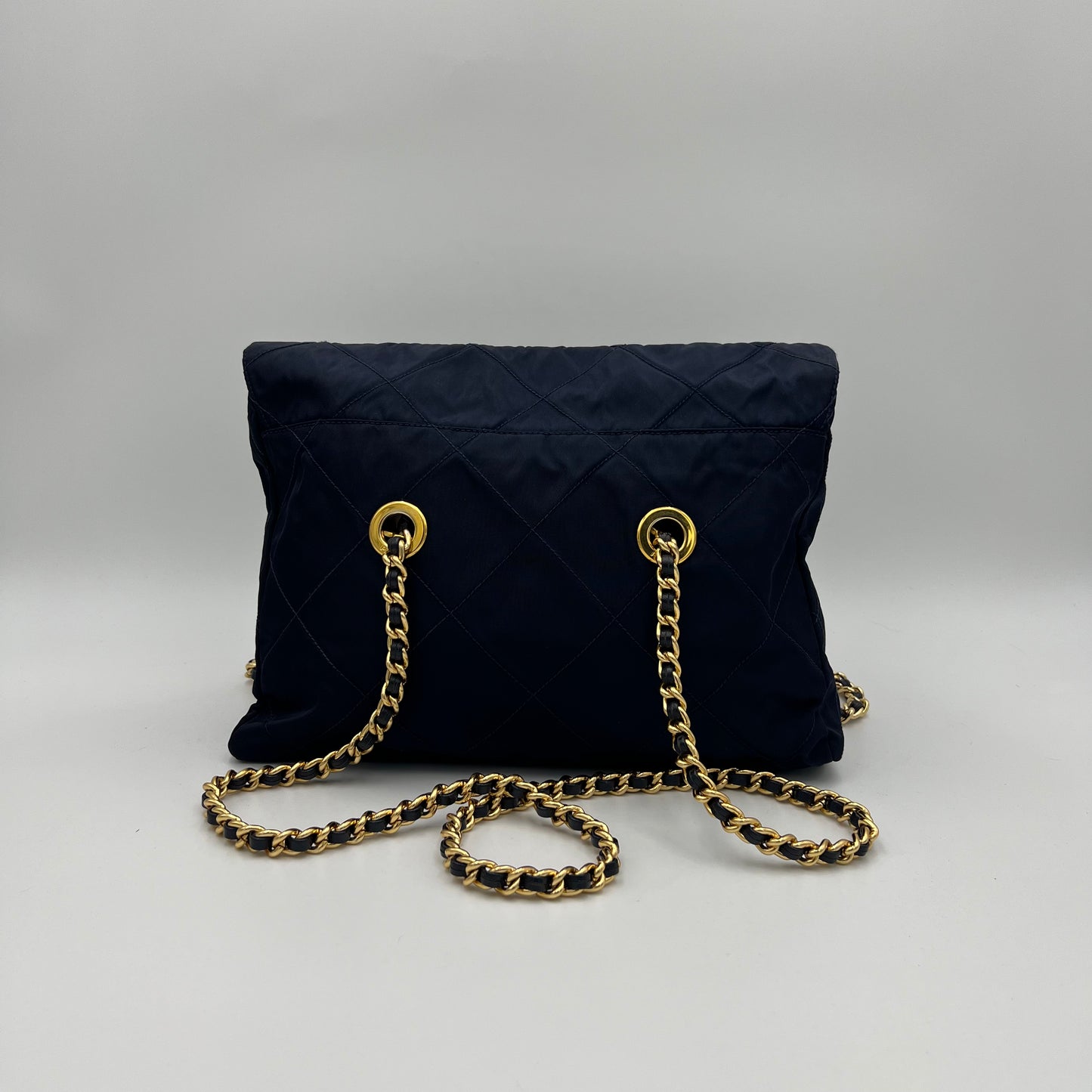 Prada Dark Blue Nylon Gold Handle Mini Handbag