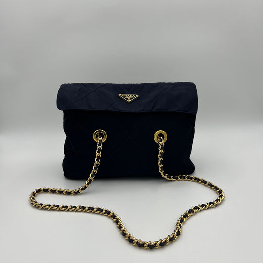 Prada Dark Blue Nylon Gold Handle Mini Handbag