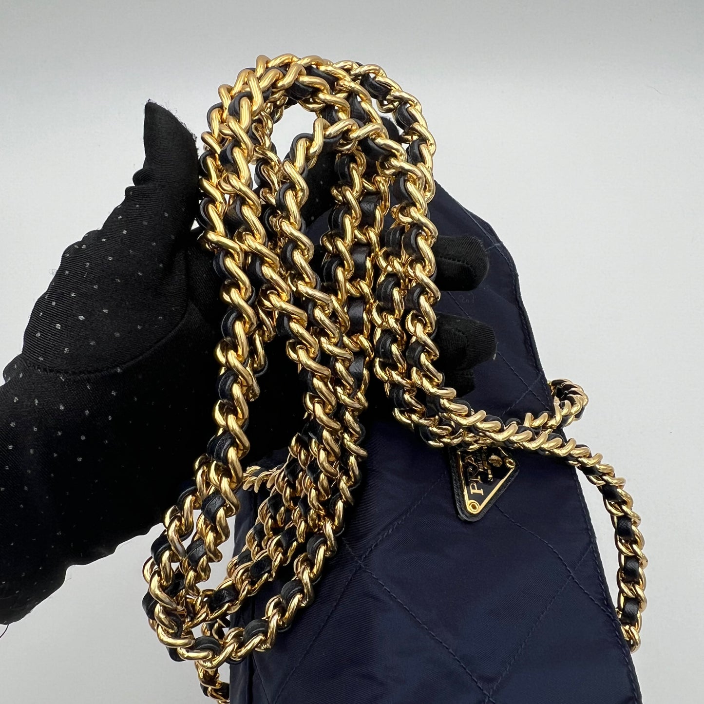 Prada Dark Blue Nylon Gold Handle Mini Handbag