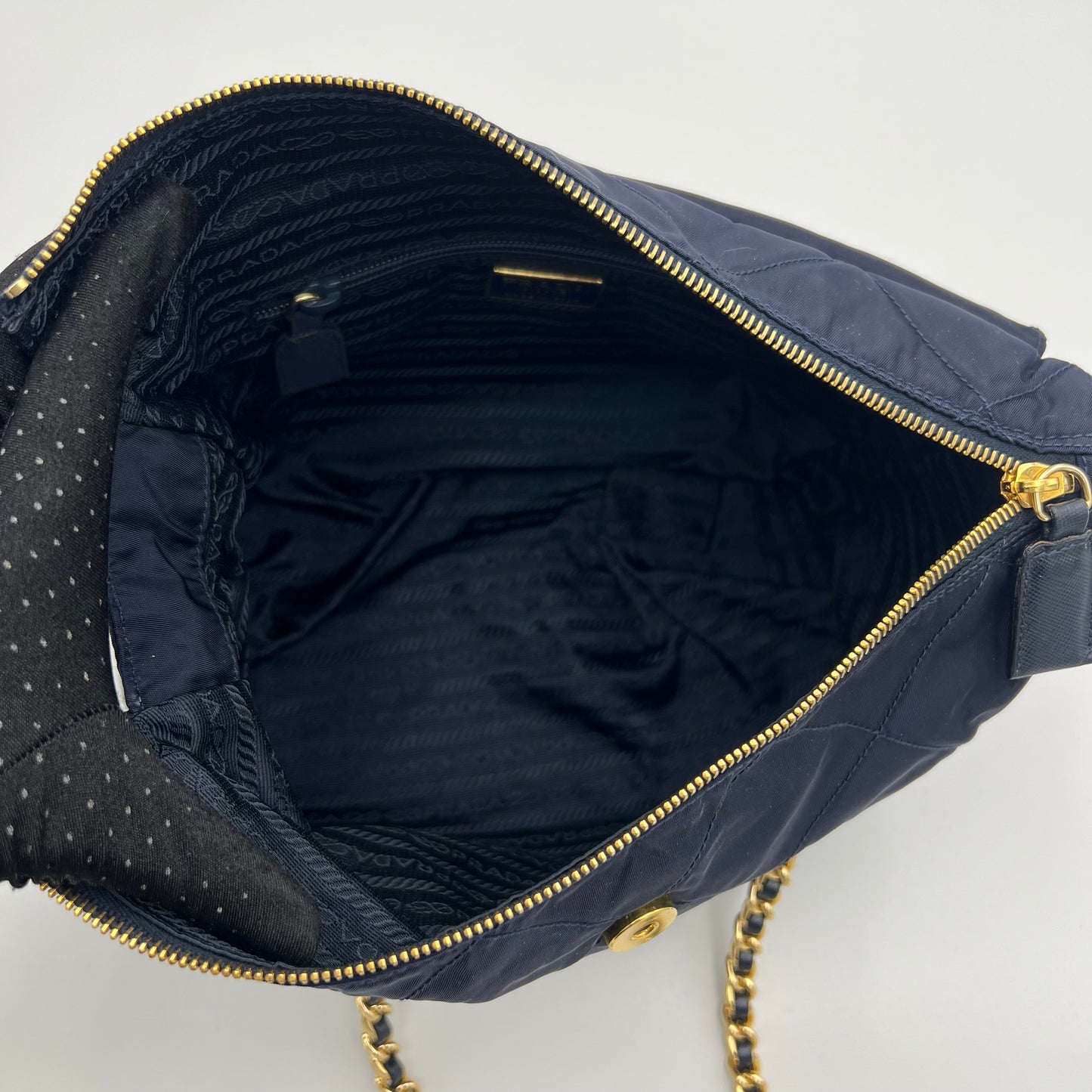 Prada Dark Blue Nylon Gold Handle Mini Handbag