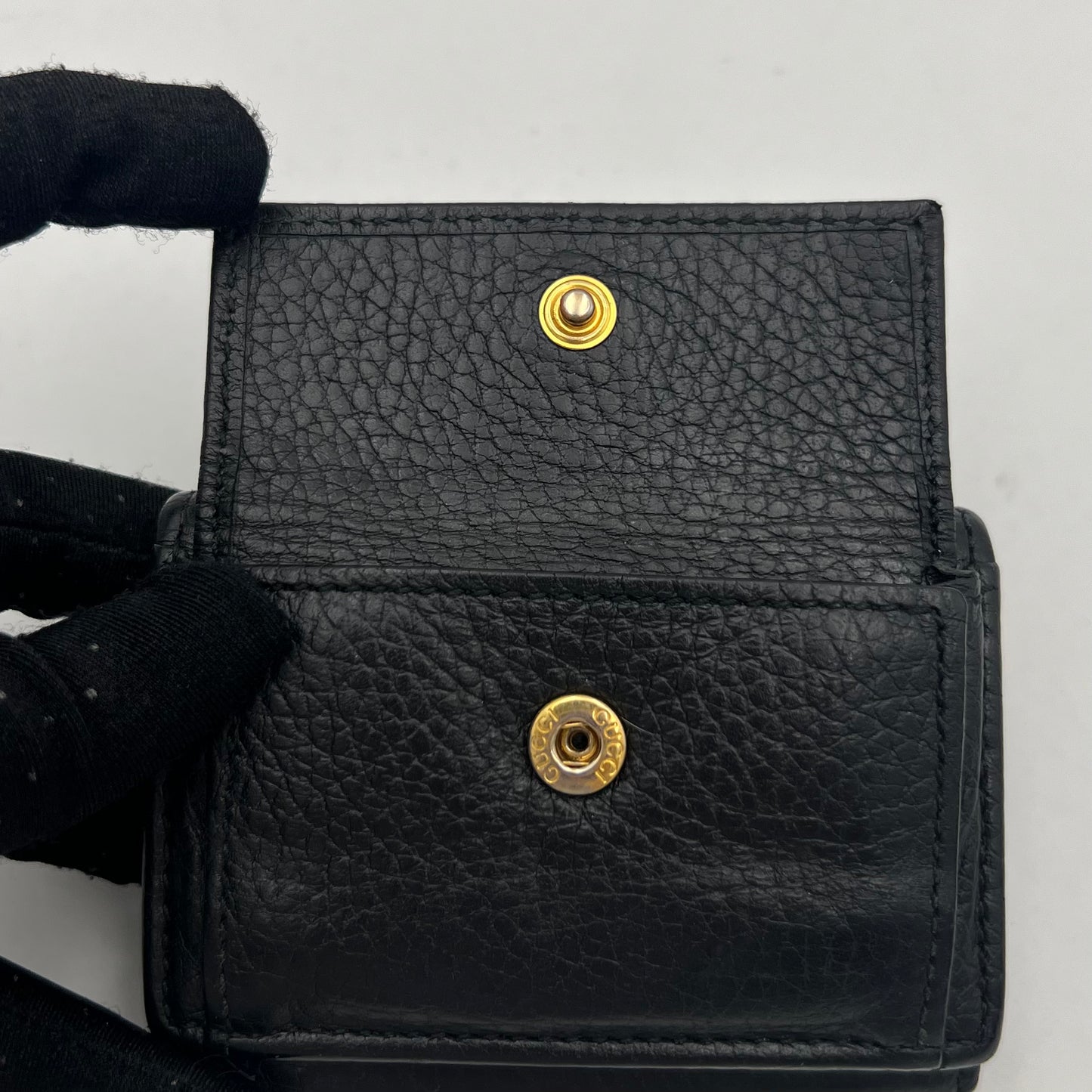 Gucci Black Leather Marmont Trifold Mini Compact Wallet GHW