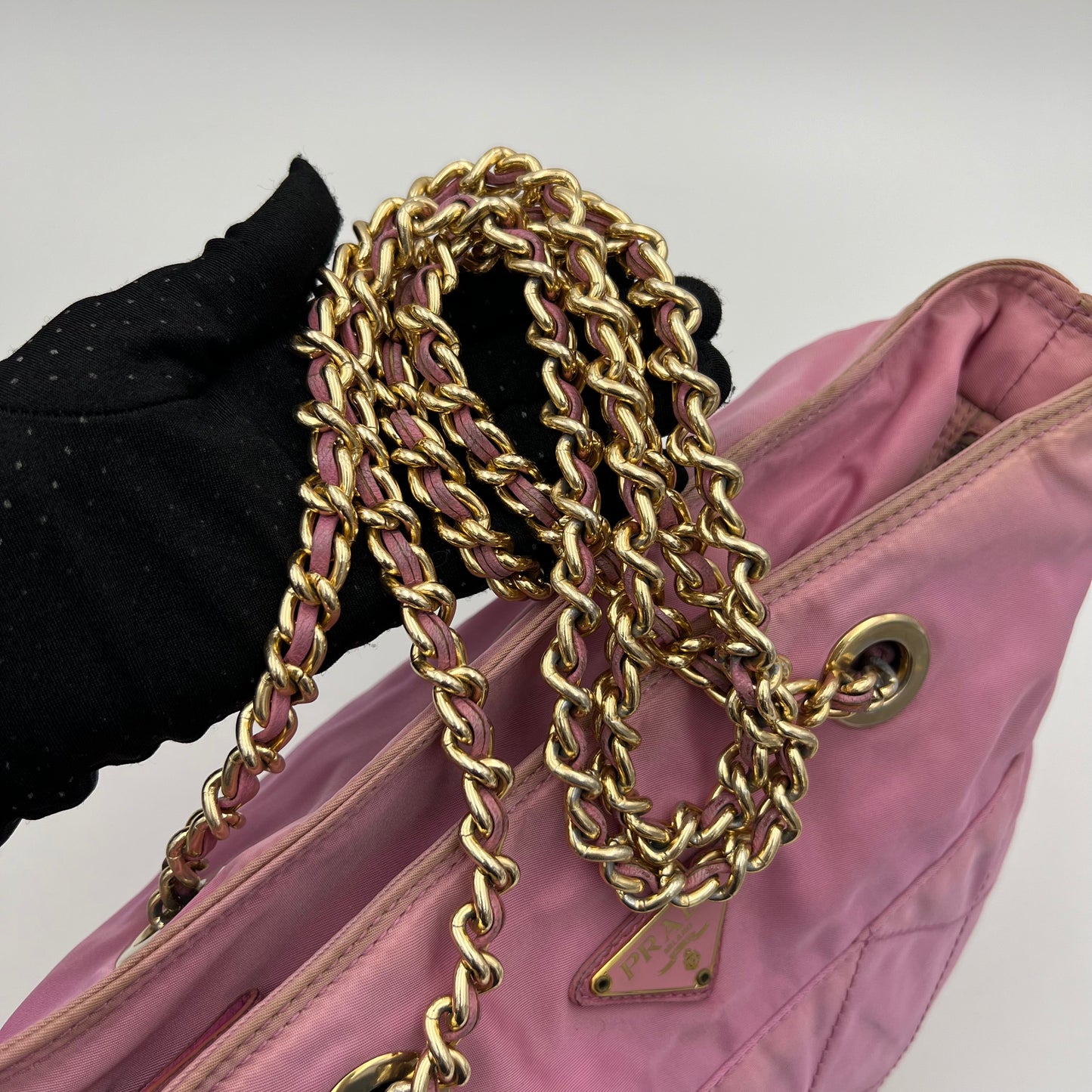 Prada Pink Quilted Nylon Zip Chain Bag GHW