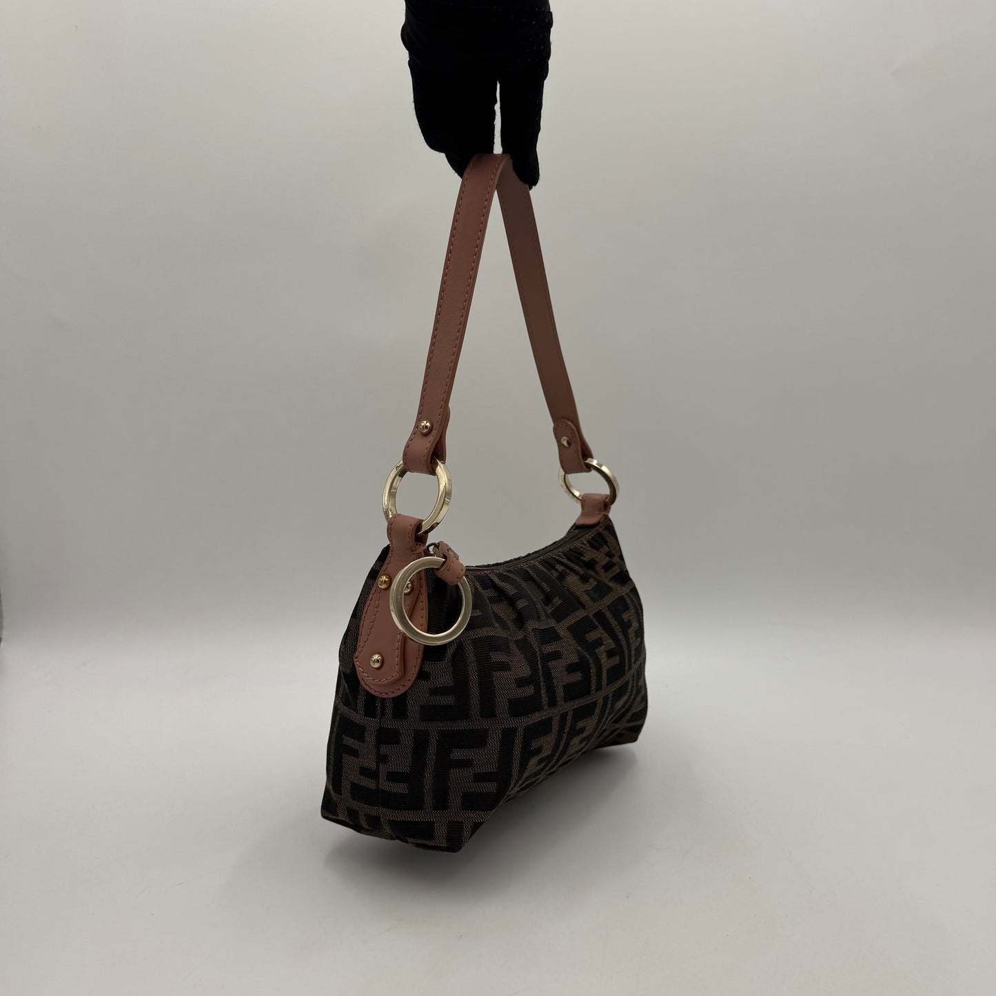 Fendi Tobacco Zucca Dusty Rose Pink Leather Pochette
