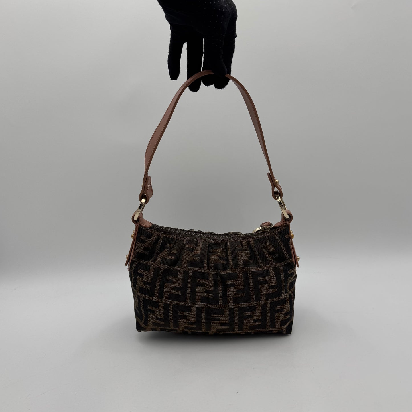 Fendi Tobacco Zucca Dusty Rose Pink Leather Pochette